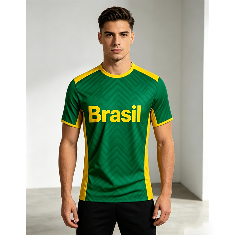 Outdoor Sport Name - เสื้อยืดฟุตบอลบราซิลสำหรับผู้ชายกีฬากลางแจ้งเสื้อยืดแขนสั้นระบายอากาศได้ดีปรับแต่งชื่อหมายเลขสีเหลืองและสีเขียว